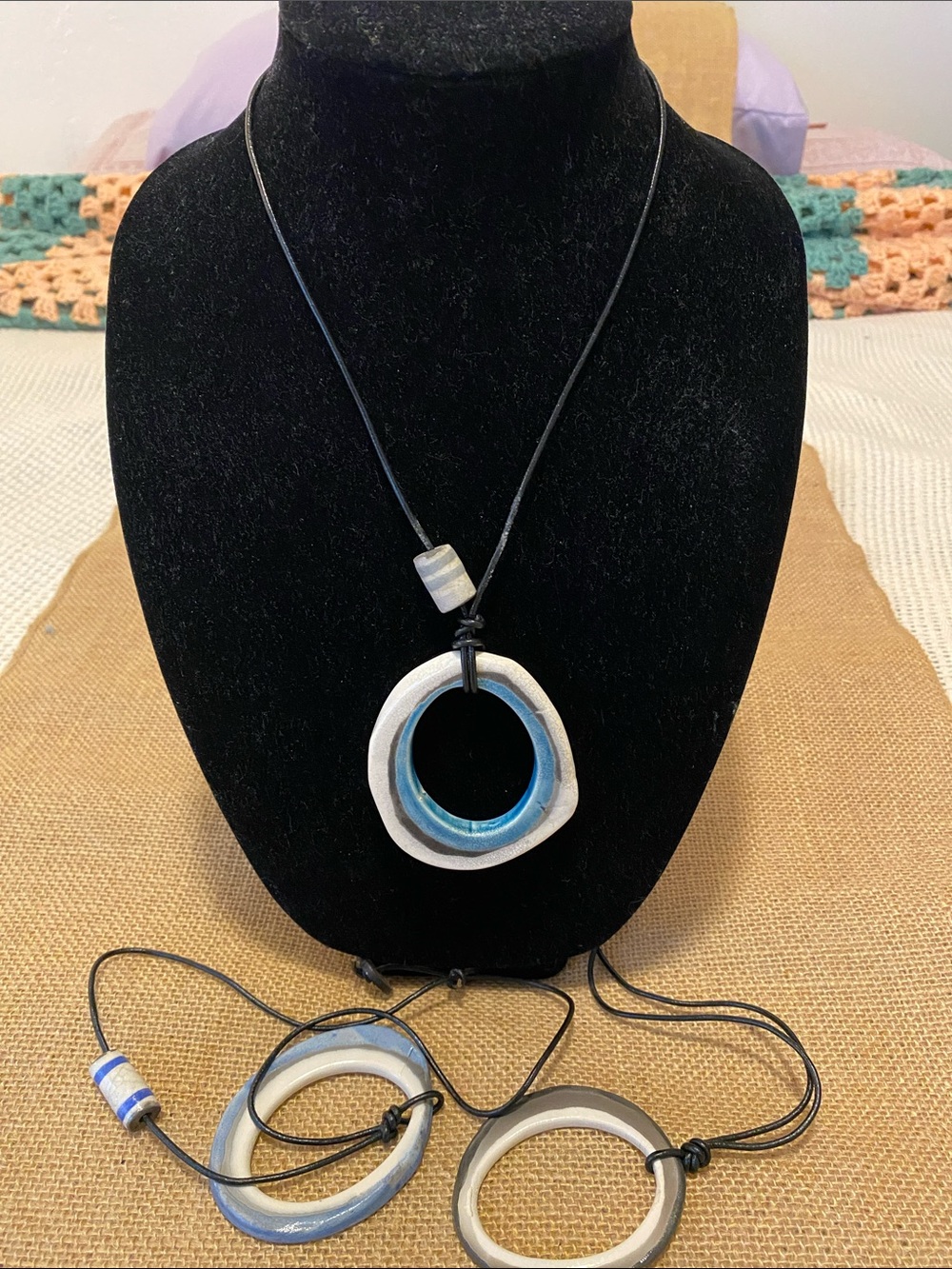 Set of 3 Oval Ceramic Pendant Necklaces in Blue, White & Gray